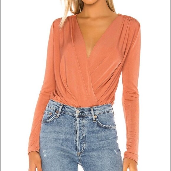 Free People Turnt Orange Long Sleeve Surplice Sparkle Ruched Small Bodysuit Top - Picture 1 of 9